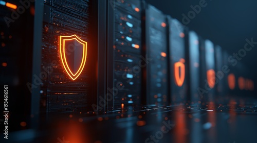 Secure information technology environment with glowing shield and protected servers