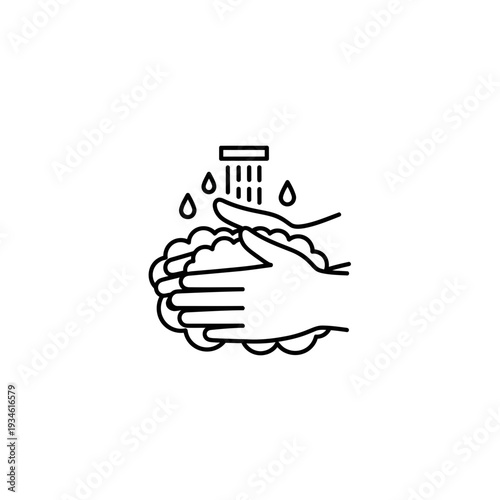 Minimal black line vector icon illustrating thorough hand washing under running water with soap for essential hygiene and health protection