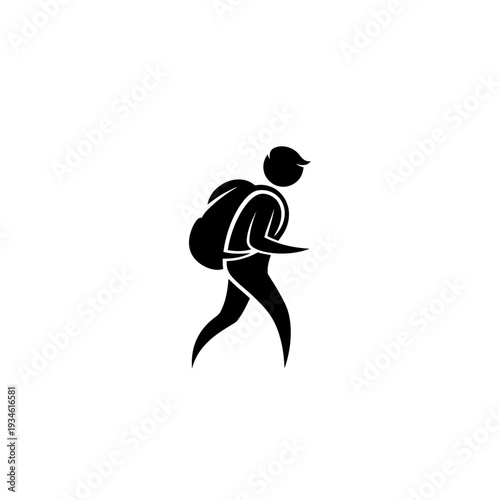 Minimalist black vector logo design portraying a person walking with a backpack, symbolizing travel, adventure, and exploration, ideal for journey-related services and outdoor brands