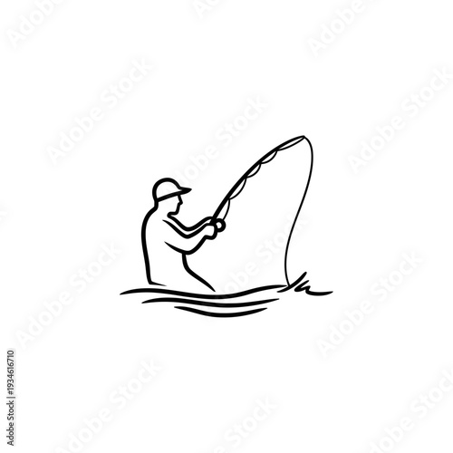 Dynamic black monoline illustration of an active angler skillfully fly-fishing in calm waters, capturing the essence of an exciting outdoor angling adventure