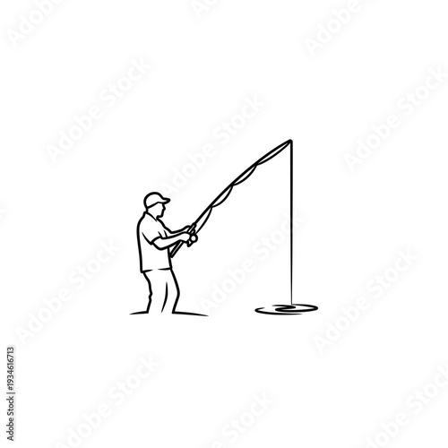 Minimalist black silhouette illustration of a person fishing with a rod in the water, representing outdoor recreation and hobbies