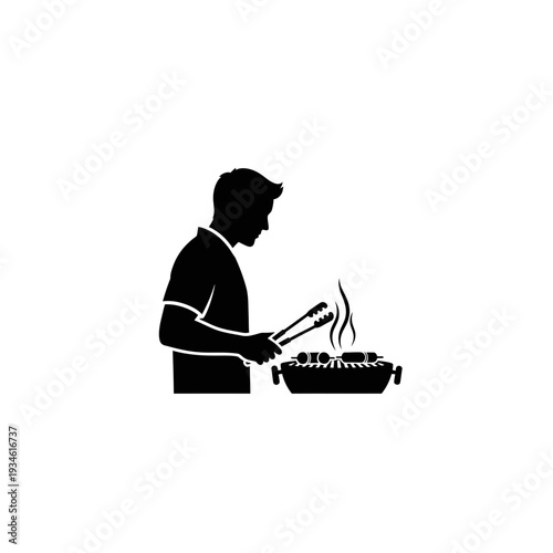 Black flat vector icon of a person grilling at an outdoor BBQ party, cooking delicious food with tongs over a smoky barbecue, symbolizing leisure and culinary enjoyment