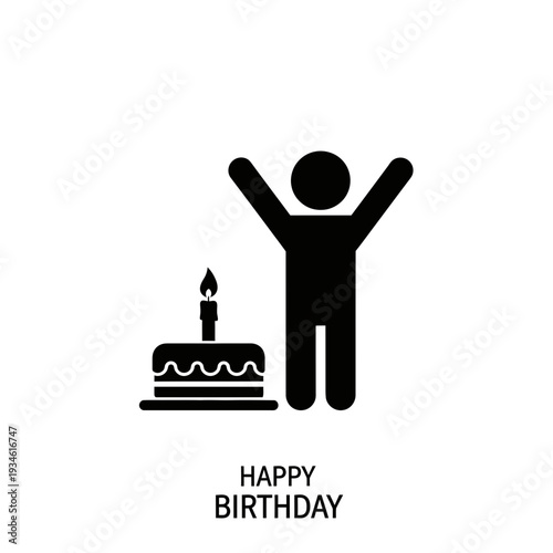 Happy Birthday Icon Minimalist Black Logo of a Person Celebrating with Cake