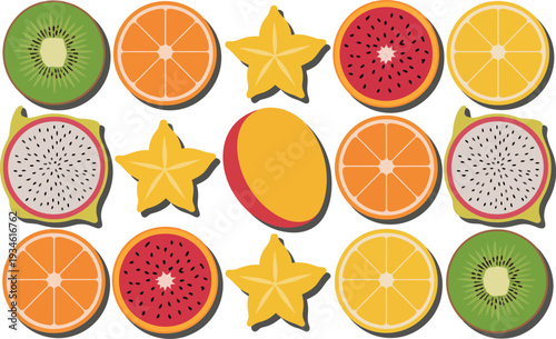 Vibrant flat design illustration of sliced exotic fruits, featuring kiwi, orange, dragon fruit, and carambola.