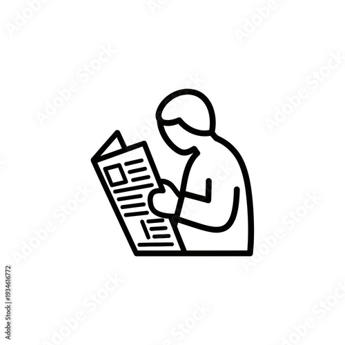 Minimalist black line art illustration of a person engrossed in reading a newspaper, conveying a sense of daily routine and information consumption