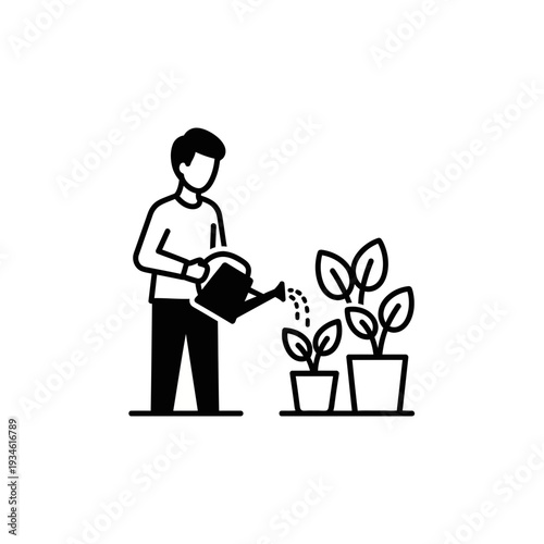 Gardening icon showing a person watering potted plants with a watering can, symbolizing care and growth in a simple line art style