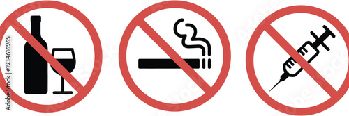 Set of prohibition signs for bad habits featuring no alcohol, no smoking, and no drugs symbols with red strikeout circles, perfect for health awareness, safety campaigns, and vector illustrations.