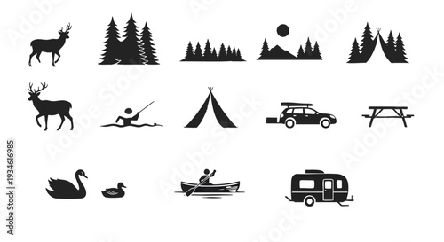 Camping and Outdoor Adventure Silhouette Icon Set with Forest Trees, Deer Wildlife, Canoe, Fishing, Swan Lake, Camper Trailer, Picnic Table and Nature Recreation Vector Collection