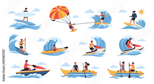 Summer Water Sports Activities Collection – Colorful Flat Vector Illustration of Surfing, Parasailing, Jet Skiing, Wakeboarding, Kayaking and Boating on Ocean Waves, Beach Vacation Adventure Lifestyle