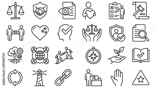 Corporate social responsibility and ethics outline icon set for sustainability, governance, community trust and organizational values design