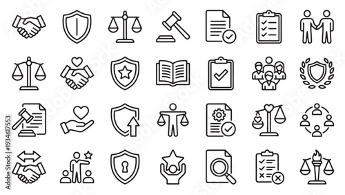 Legal compliance and business ethics outline icon set for corporate governance, trust, policy documentation and organizational integrity projects