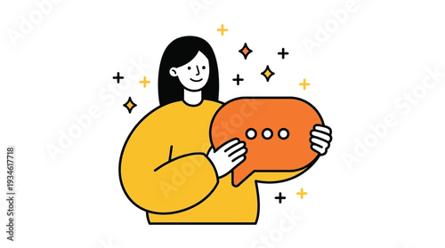 Joyful minimalist woman in yellow sweater holds bright orange speech bubble with dots, surrounded by sparkling stars, conveying communication and connection, flat cartoon style.