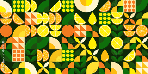 Bauhaus geometric pattern with lemons and oranges on dark green background, abstract citrus fruit mix and leaves, modern vector banner design