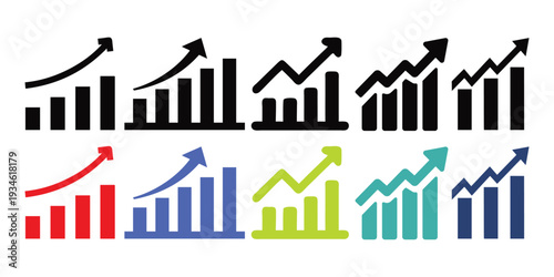 Growth icon set. Business graphs and charts icons. Statistic and data, charts diagrams, money, down or up arrow. Vector illustration