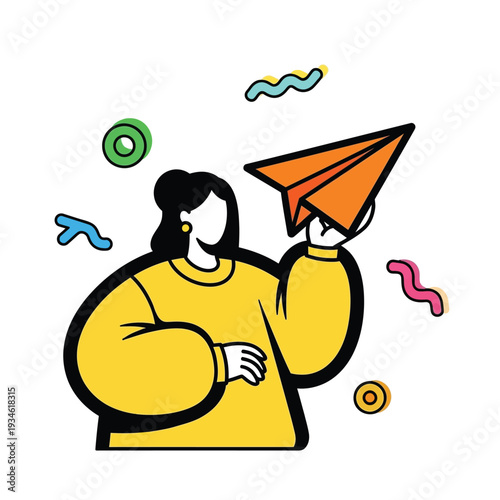 Whimsical modern character in a bright yellow sweater launching an orange paper airplane with playful abstract shapes in a flat design aesthetic against a white background.