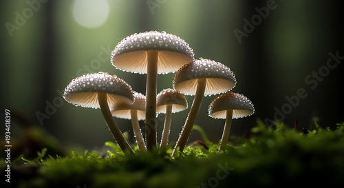 Beautiful dew covered mushrooms growing naturally in a lush green forest environment with soft sunlight