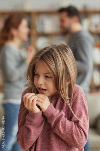 Stressed child covers her ears, looking at the camera with a sad face. Her parents fight in the blurred background. Concept of family conflict, divorce, domestic abuse. Muted colors, shallow focus.