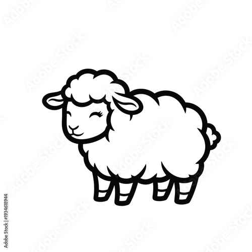Charming vector line art depiction of a fluffy, white sheep standing happily, with closed eyes and a gentle smile, against a clean white background, embodying innocence and pastoral life.