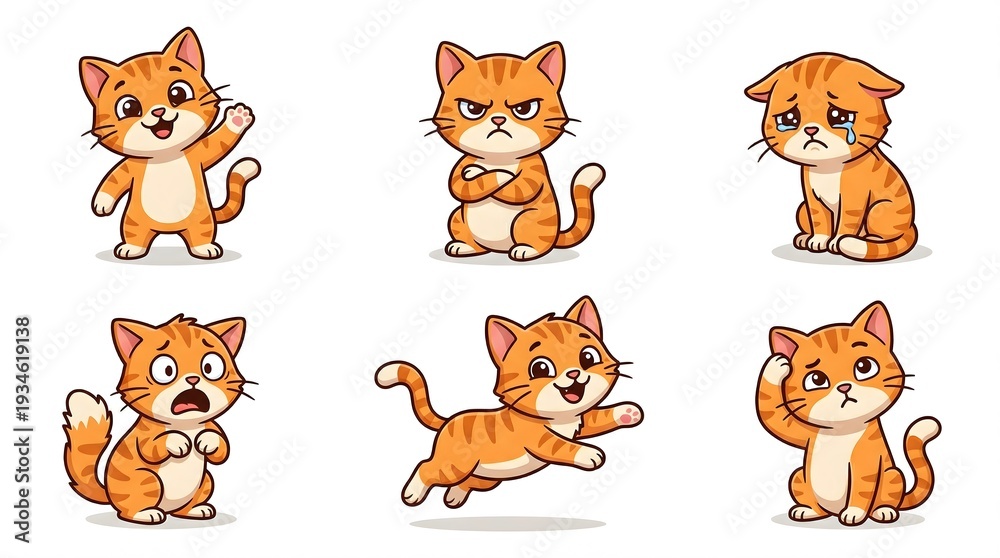 Fototapeta premium Collection of Orange Cat Character Set with Different Facial Expressions