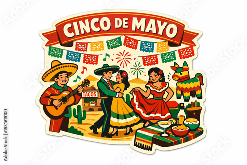 Retro 1950s Cinco de Mayo Fiesta Sticker with Papel Picado