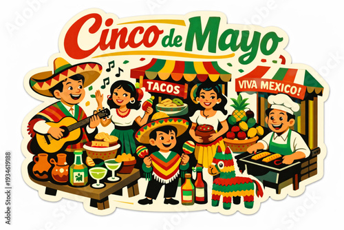 Retro 1950s Cinco de Mayo Marketplace and Vendors Sticker