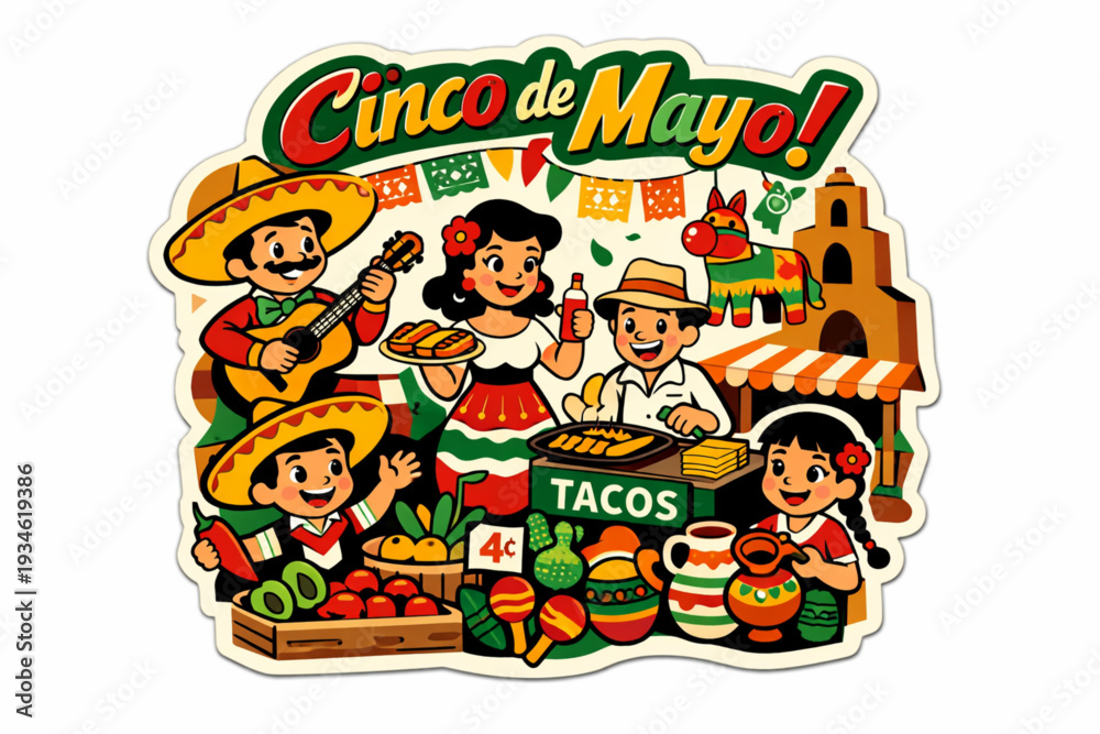 Fototapeta premium Retro 1950s Cinco de Mayo Marketplace and Vendors Sticker