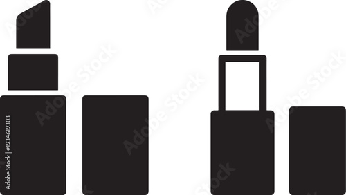 A minimalist black and white icon set featuring two different open lipstick designs. Vector