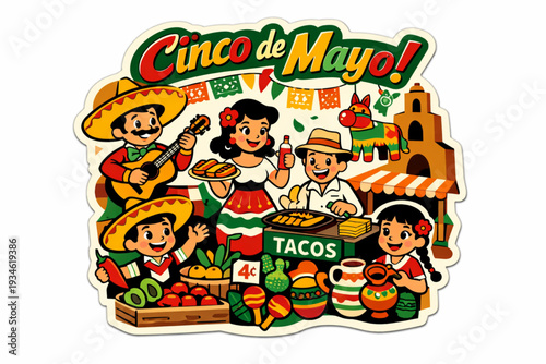 Retro 1950s Cinco de Mayo Marketplace and Vendors Sticker