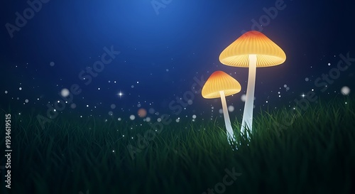 Glowing bioluminescent mushrooms growing in a magical nighttime forest scene with twinkling lights