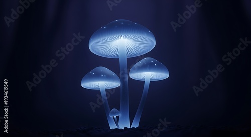 Glowing Bioluminescent Mushrooms Clustered Together Under Mysterious Nighttime Lighting Effects