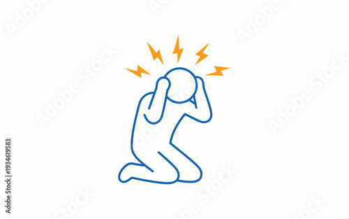 Headache Stress Icon – Person Holding Head with Lightning Pain Symbols