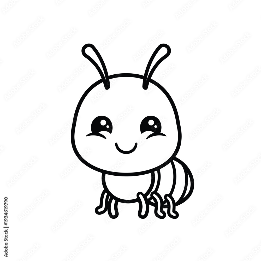 Fototapeta premium Adorable Kawaii Line Art Ant Character Smiling Merrily, a Cute Insect with Big Expressive Eyes, Ready for Children's Books and Educational Content Design