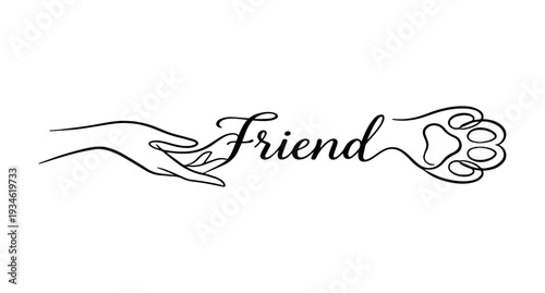 Stylized image of a woman's hand and a cat's paw, the word Friend is written in the line