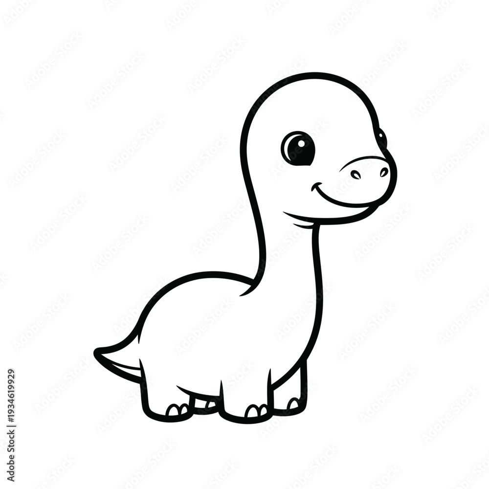 Fototapeta premium Adorable cartoon baby Brontosaurus dinosaur with big eyes and a friendly smile, in a simple, clean, playful outline art style, perfect for children's books and designs.