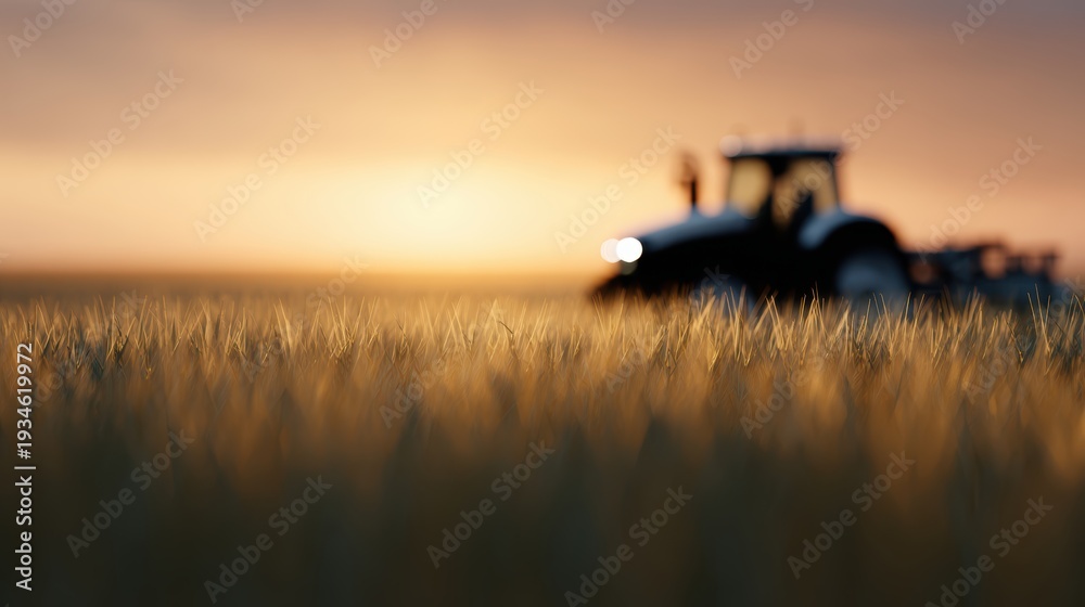 Fototapeta premium 3D render of a smart tractor driving itself in a field at sunset, autonomous farming