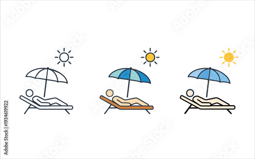 Beach Relaxation Icon Set – Sunbathing Person Under Umbrella Line and Color Versions