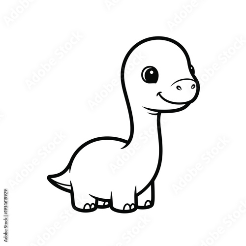 Adorable cartoon baby Brontosaurus dinosaur with big eyes and a friendly smile, in a simple, clean, playful outline art style, perfect for children's books and designs.