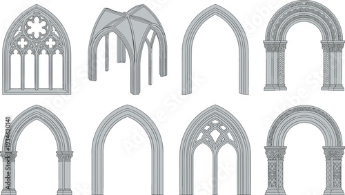 Collection of Gothic architectural arches and windows, featuring pointed designs, ornate tracery, ribbed vaults, decorative columns, and medieval stonework elements for historical design reference.
