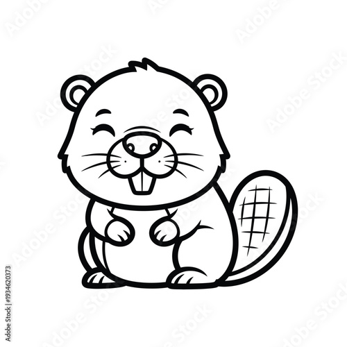 Adorable cartoon beaver with big buck teeth, smiling with closed eyes, sitting upright with paws together, stylized line art, isolated on white background, cute woodland creature concept.