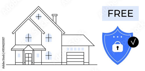 House security concept. Illustration of a residential home and a locked shield icon reliable security. House security ensures safety and peace of mind at home. For real estate, property management