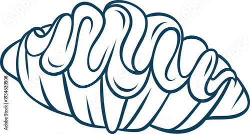 Simple sketch style vector of a croissant with whipped cream, blue Mediterranean outlines. French pastry design for breakfast menus, recipe cards or cafe branding