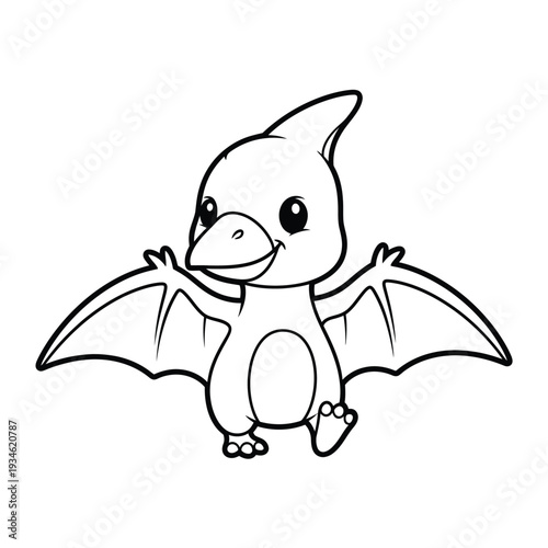 Adorable baby pterodactyl with outstretched wings and a happy smile, presented in a simple, cute cartoon style, perfect for children's books and educational content about dinosaurs.