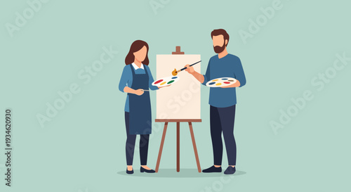 Artist Man and Woman Painting Together.