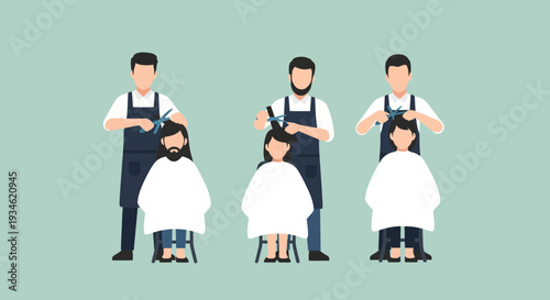 Barbers Cutting Hair in Salon Setting.