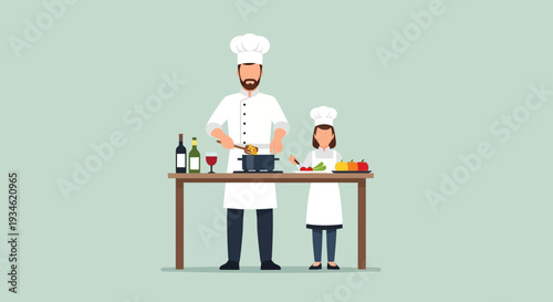 Chef Father and Daughter Cooking Together.