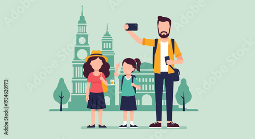 Family Taking Selfie Together in Front Landmark.