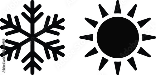 Contrast between snowflake and sun icons representing opposing weather conditions. Vector
