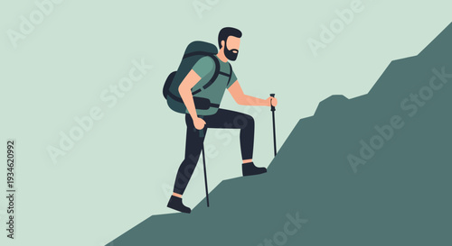 Man Hiking with Backpack and Trekking Poles.