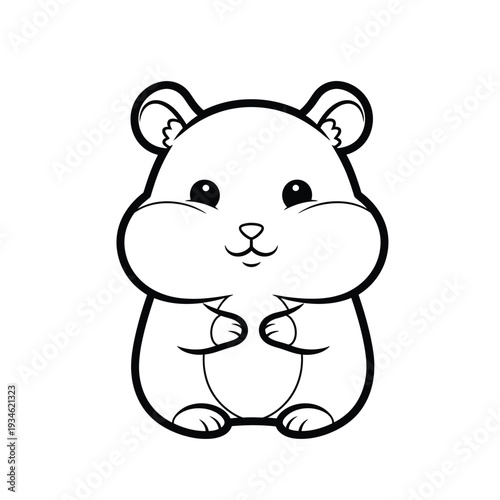 Charming cartoon black and white outline drawing of a cute, plump hamster with chubby cheeks and delicate paws, posed in a sweet, friendly stance, ready to be colored in.
