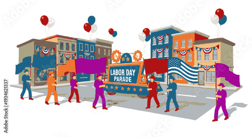 Vibrant labor day parade scene with colorful buildings and float